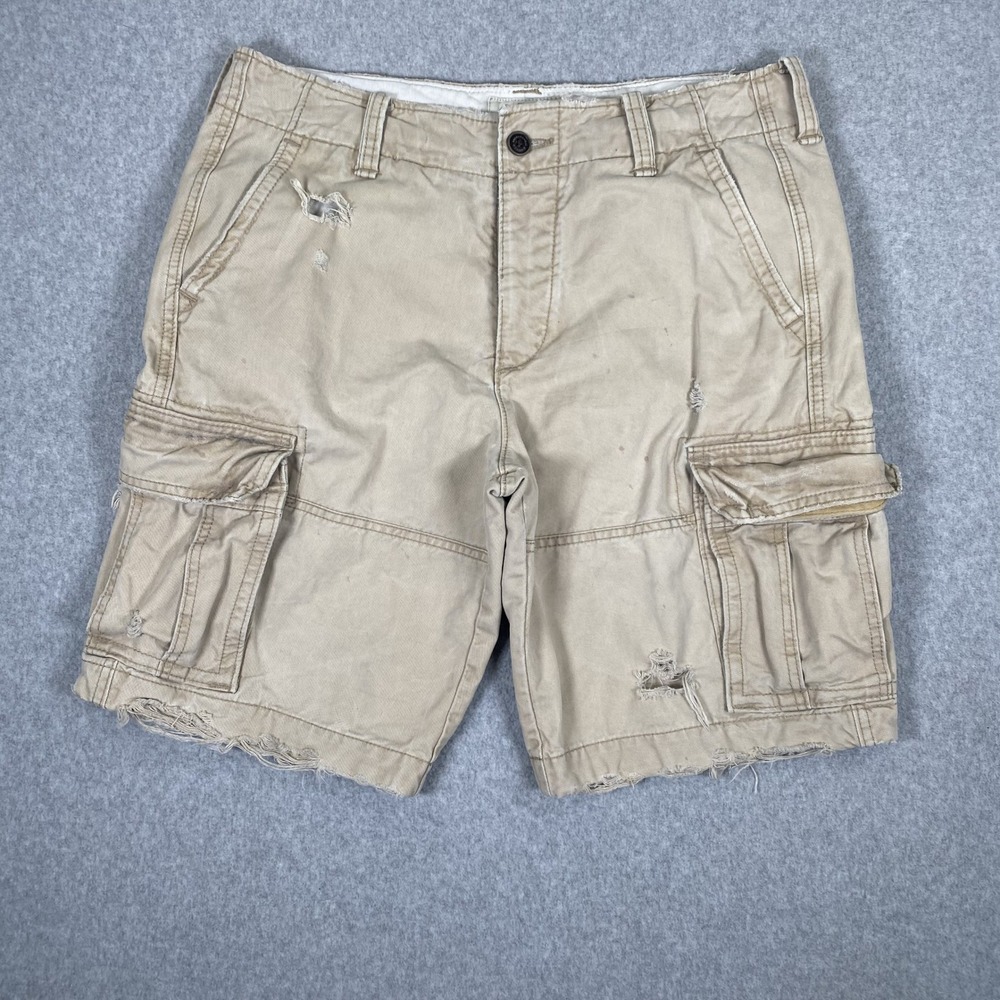 Vintage Abercrombie & Fitch Cargo Shorts Mens 34 Tan Distressed Twill Button Fly